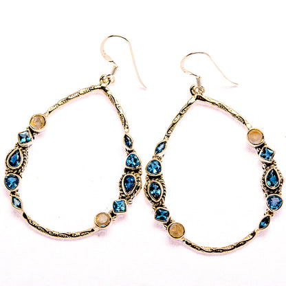 Signature London Blue Topaz, Rainbow Moonstone 925 Sterling Silver Earrings 2 3/8" (925 Sterling Silver) EARR431965