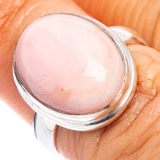 Pink opal cabochon ring with oval bezel in .925 sterling silver, size 6