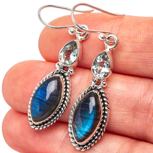 Labradorite teardrop earrings in .925 sterling silver, blue oval and clear top