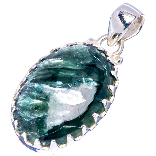 Oval green seraphinite pendant with .925 sterling silver prong bezel and loop bail