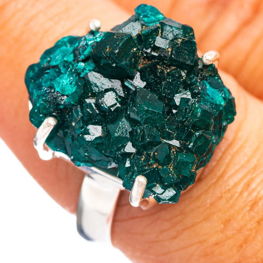 Sterling silver dioptase ring with rough dark green stone and three prongs, size 8