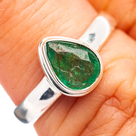 925 sterling silver ring with green Zambian emerald teardrop cabochon, size 6