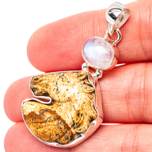 Horse-shaped sterling silver pendant with picture jasper body and round moonstone cabochon