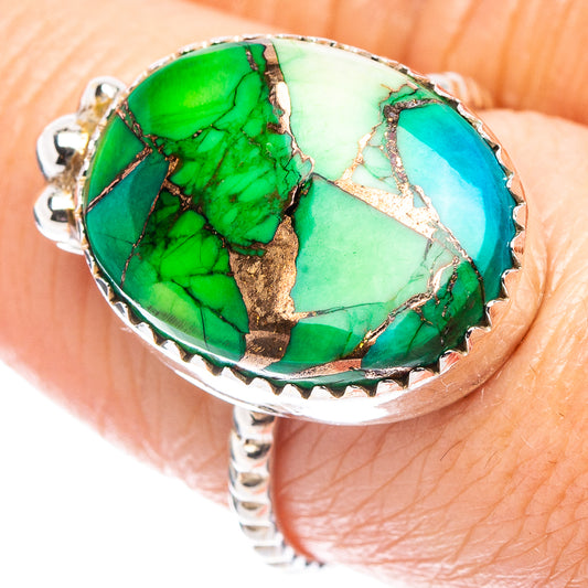 Sterling silver ring with green turquoise dahlia-style cabochon, teardrop bezel