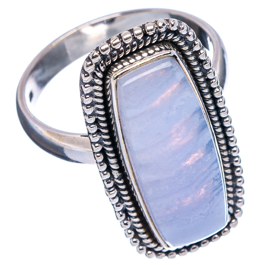 Sterling silver ring featuring rectangular blue lace agate set in beaded bezel