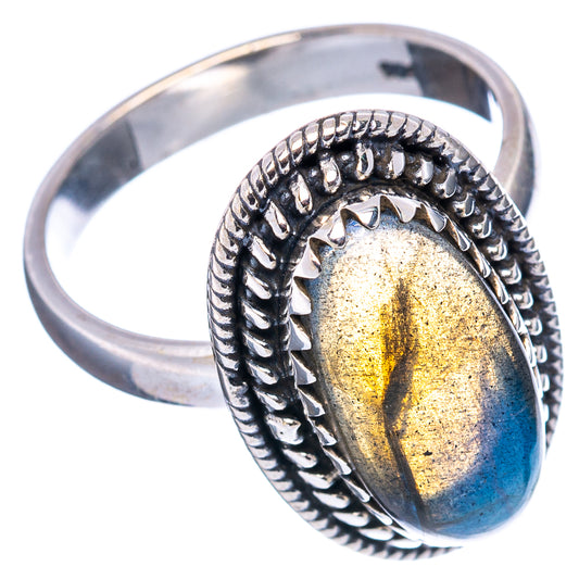 Labradorite oval sterling silver ring, textured gallery and blue-gold iridescent stone