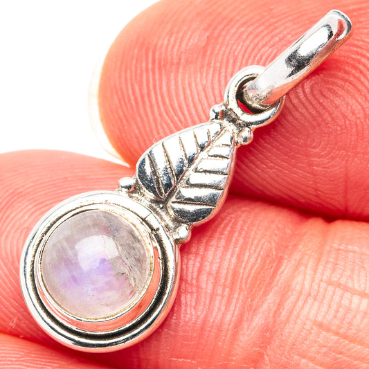 Sterling silver moonstone pendant with iridescent round cabochon, leaf-like frame