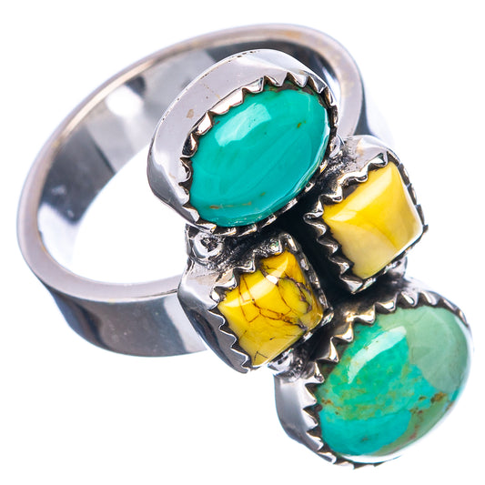 Silver ring with bezel-set turquoise and yellow stones, adjustable band view