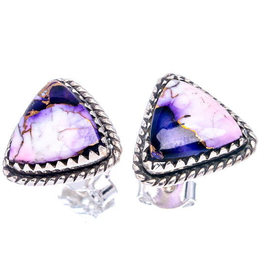 Sterling silver triangle cabochon earrings with purple and white veined stone, stud post visible