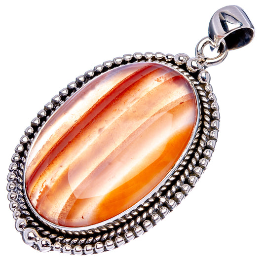 Striped oval carnelian pendant with beaded .925 sterling silver bezel and bail