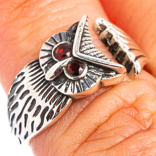 Sterling silver owl dainty ring with red garnet-style gemstones, adjustable band