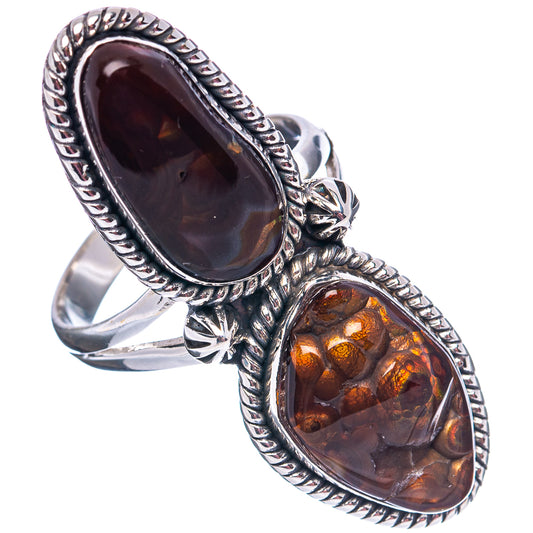 Sterling silver agate ring with ornate bezels, dark maroon top stone and amber bottom stone