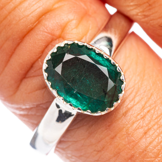 Oval faceted green Zambian emerald ring in .925 sterling silver, size 10