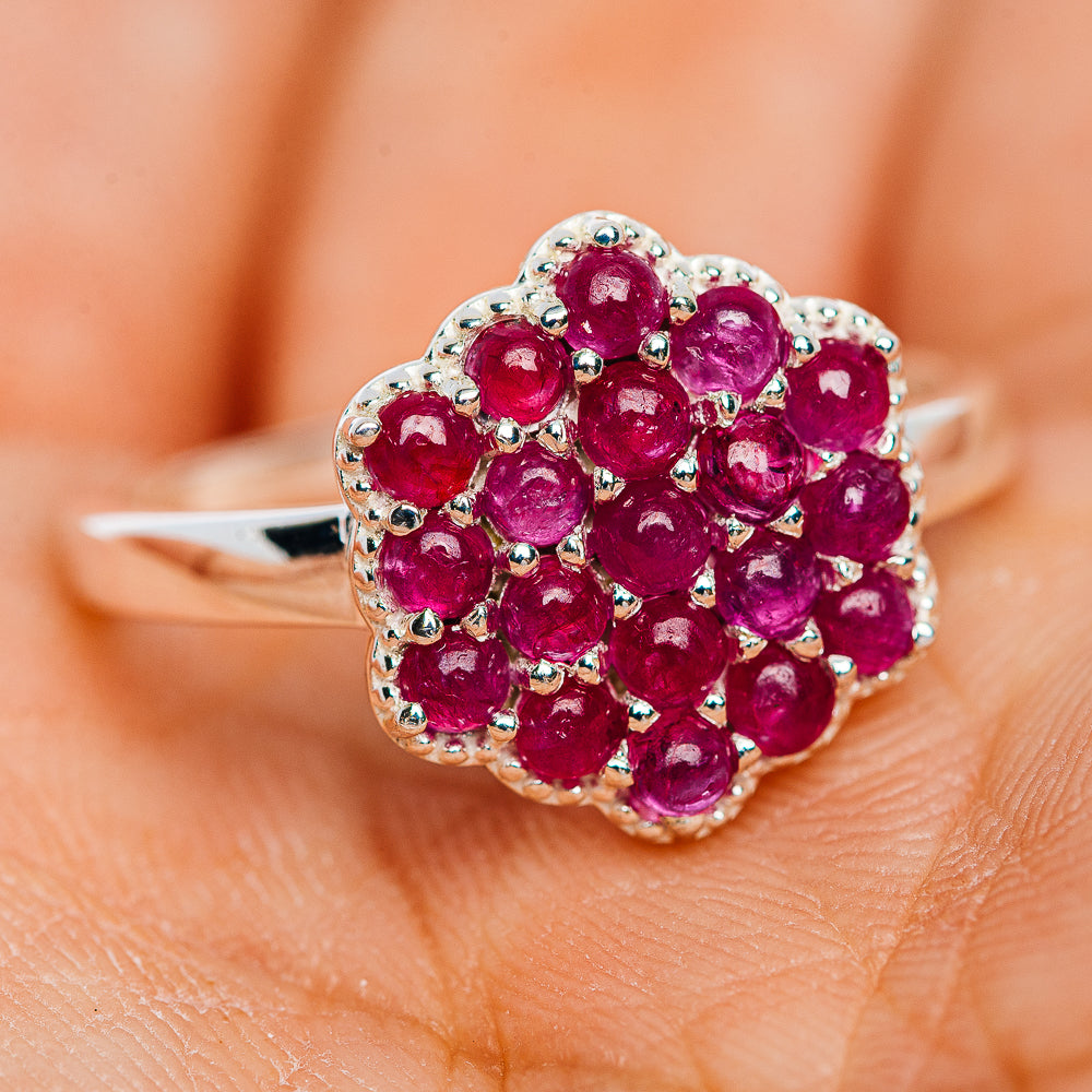 Premium Burmese Ruby Flower Cluster Ring Size 10 (.925 Sterling Silver)