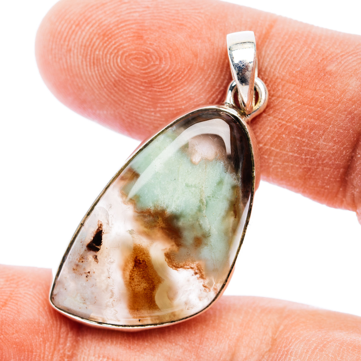 925 sterling silver pendant with oval green and brown cabochon stone
