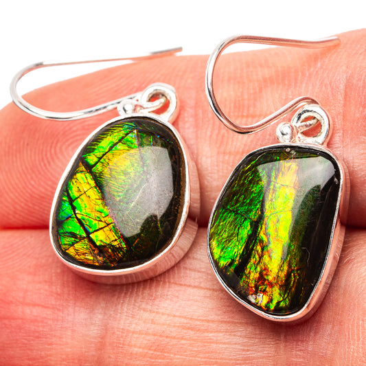 Sterling silver ammolite drop earrings with oval iridescent green, gold, and black stones