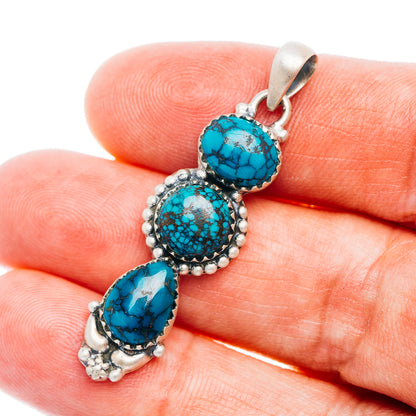 Southwestern Style Tibetan Turquoise Pendant 1 3/4" (.925 Sterling Silver)