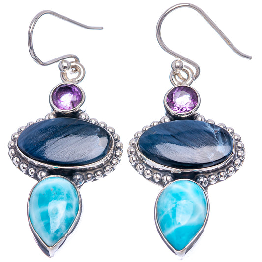 Sterling silver drop earrings with dark oval pietersite, purple amethyst, blue larimar