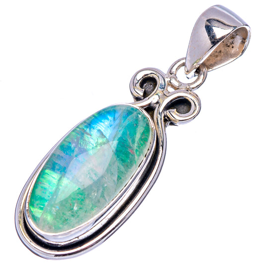 Oval green-blue moonstone pendant in .925 sterling silver with side scrolls and bail