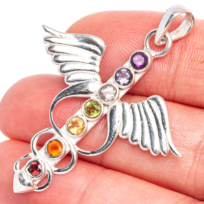 Sterling silver chakra wings pendant with multicolor round stones on wing motif, bail top