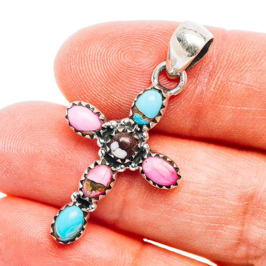 Southwestern Style Cotton Candy Turquoise Cross, Wild Horse Jasper Pendant 1 5/8" (.925 Sterling Silver)