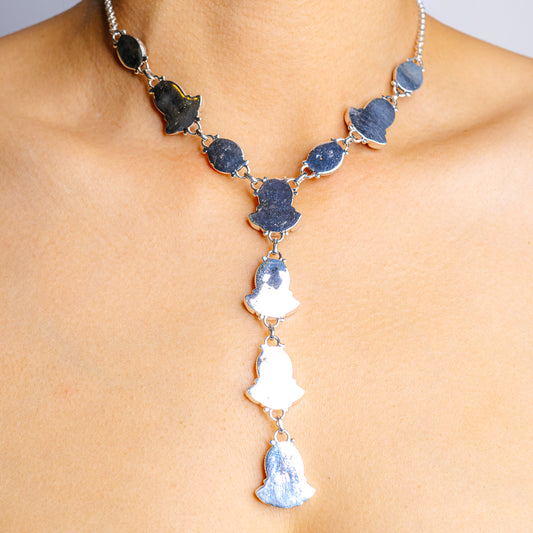 Opal necklace with dark stones and oval drop charms, silver-tone chain