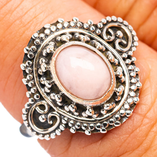 Pink opal cabochon sterling silver ring with ornate bead and scrollwork, size 6.75