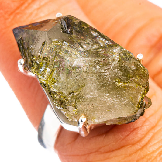 Raw epidote quartz ring with rough green-gold stone in .925 sterling silver prongs