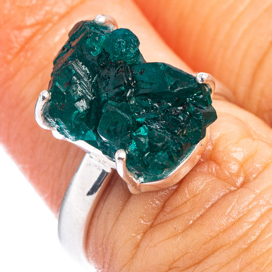 Rare dioptase sterling silver ring with dark green crystal cluster, open prongs