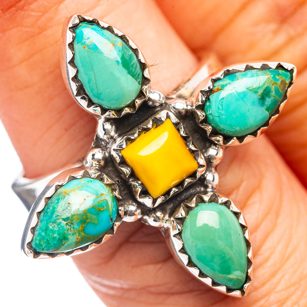 Sterling silver ring with green turquoise teardrop stones and yellow center square