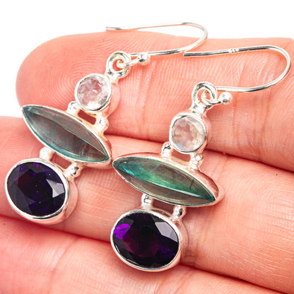 Aquamarine, Amethyst, Rainbow Moonstone Earrings 1 1/2" (925 Sterling Silver) E432565
