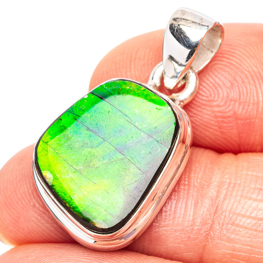 Canadian ammolite pendant with green iridescent stone in .925 sterling silver bezel