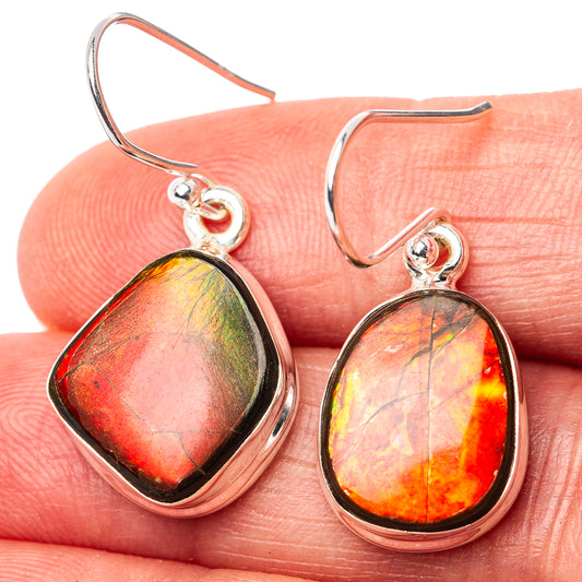 Ammolite teardrop earrings with .925 silver hooks, bezel-set iridescent red-orange stone