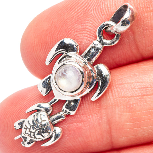 Sterling silver turtle pendant with round moonstone cabochon, bale loop clasp