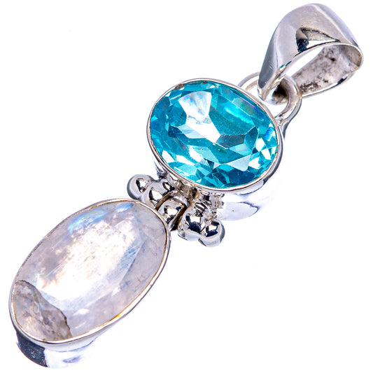 Oval faceted blue topaz and rainbow moonstone pendant in .925 sterling silver setting