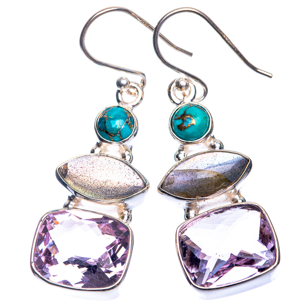 Amethyst, Labradorite, Blue Copper Composite Turquoise Earrings 1 5/8" (925 Sterling Silver) E432636