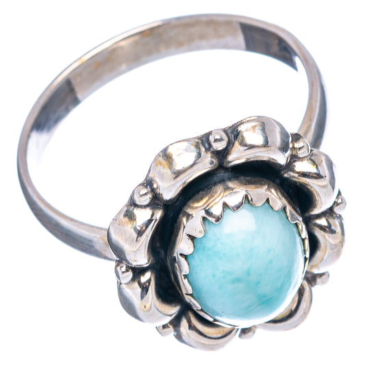 Ornate sterling silver ring with round sky-blue larimar gemstone