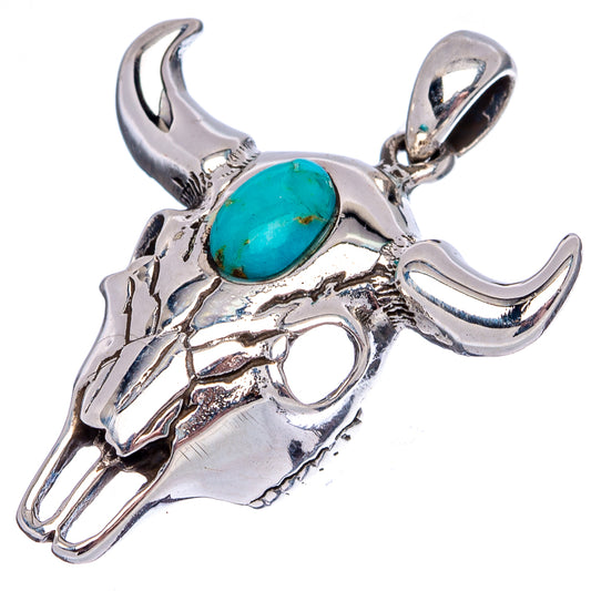 Sterling silver cow skull pendant with turquoise oval stone and curved side horns