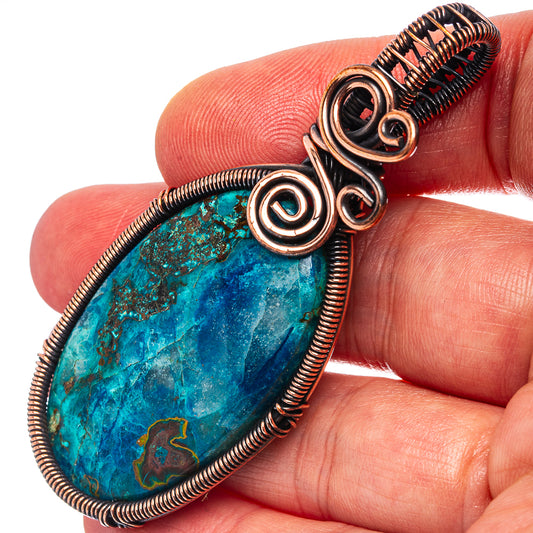 Oxidized copper wire-wrap teardrop pendant with blue-green shattuckite stone