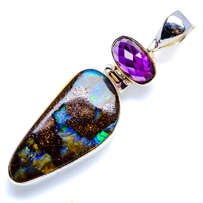 925 sterling silver pendant with purple amethyst and iridescent opal boulder, oval prongs
