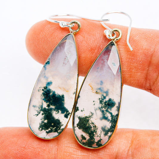Green Moss Agate Earrings 1 7/8" (German Silver)