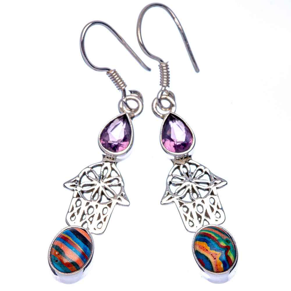 Amethyst teardrop dangle earrings with filigree flower and multicolor striped discs, hooks
