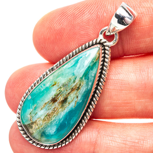 Teardrop opal pendant with .925 sterling silver frame, green-blue stone with brown matrix