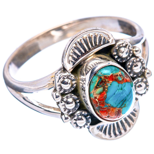 Sterling silver ring with oval turquoise-and-coral inlay, leaf-like bezel, and bead details