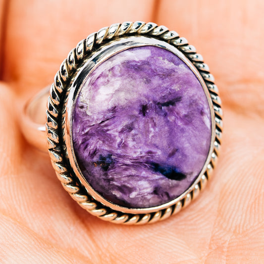 Oval purple charoite cabochon ring, .925 sterling silver twisted rope band, size 7