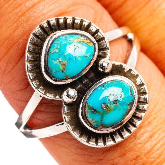Turquoise cabochon silver ring with two oval stones and textured bezel, size 8.5
