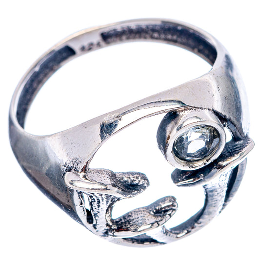 Sterling silver mushroom motif ring with blue gemstone, polished band and prongs.