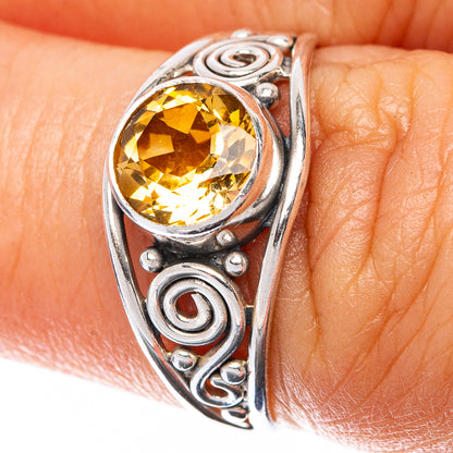 Faceted citrine dainty ring, yellow gemstone in swirl 925 sterling silver setting