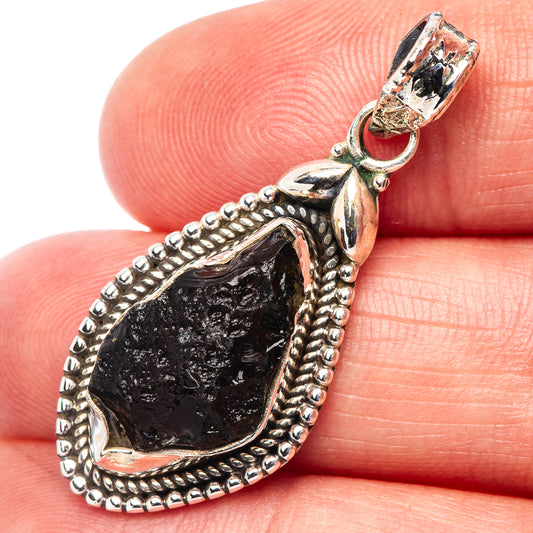 Sterling silver moldavite pendant, teardrop bezel with bead trim and loop bail