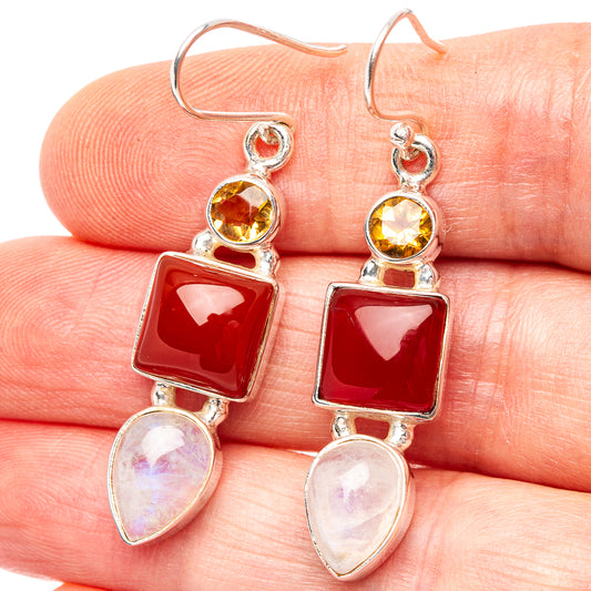 Sterling silver drop earrings with red square carnelian, yellow citrine, moonstone drops